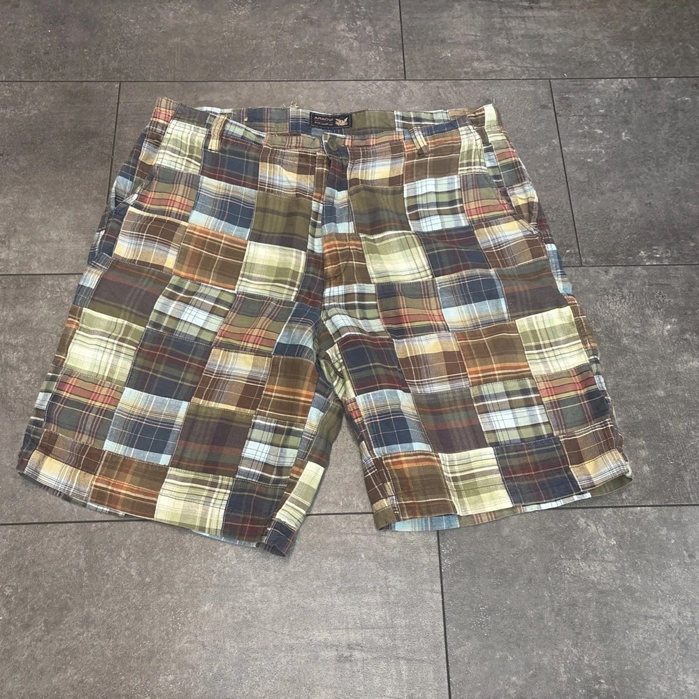 Arrow Madras Flat Front Short Y2K 36 Plaid Patchwork Golf Cotton Pockets Brown